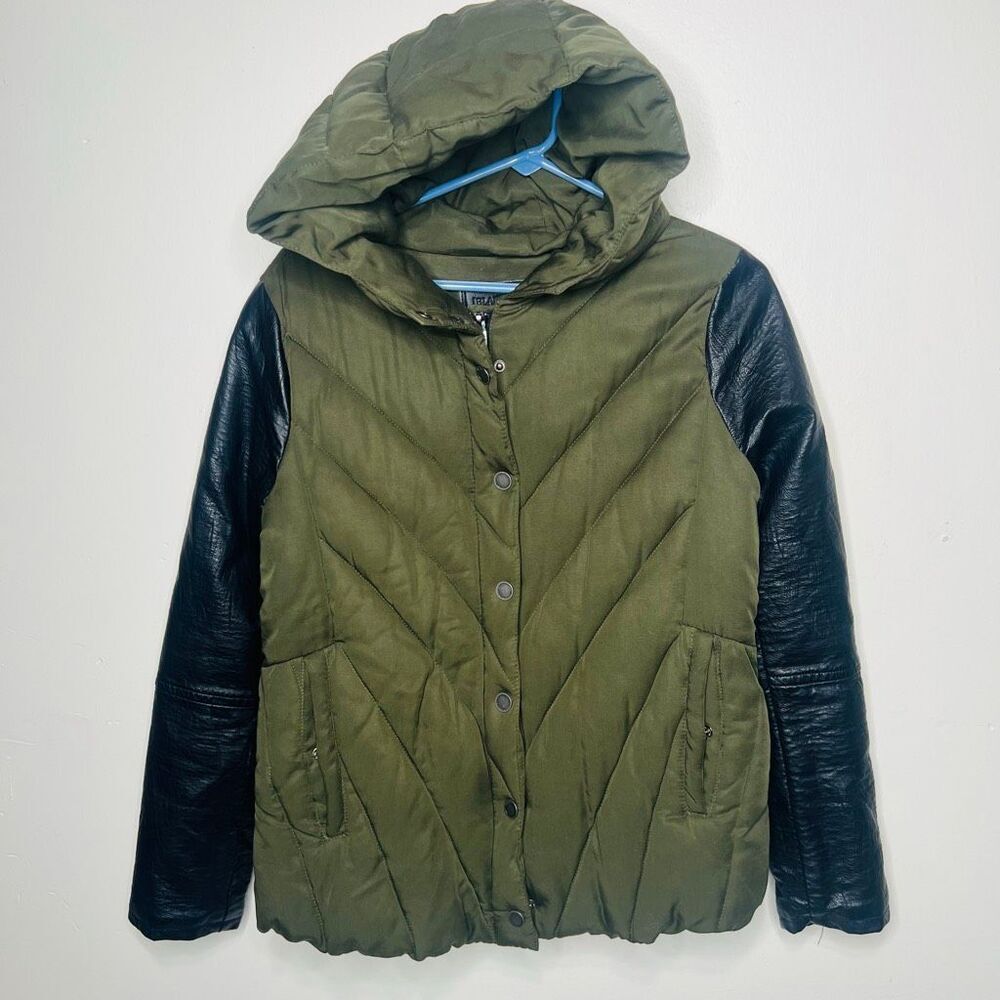 Blank NYC Green Puffer Jacket Coat with Faux Leather Sleeves Sz Small
